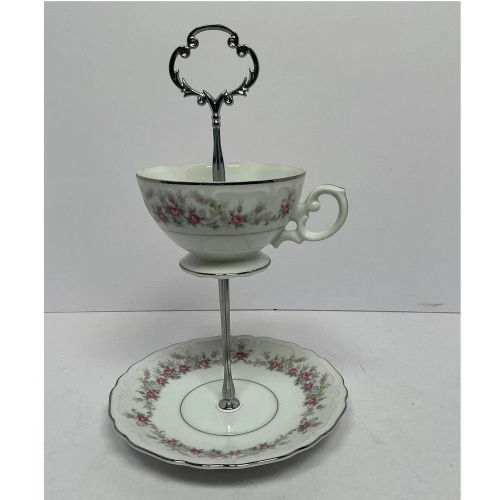 Tiered Stand Unisex OS White Floral Silver Rim 2-Tier Teacup Saucer‎ Upcycle